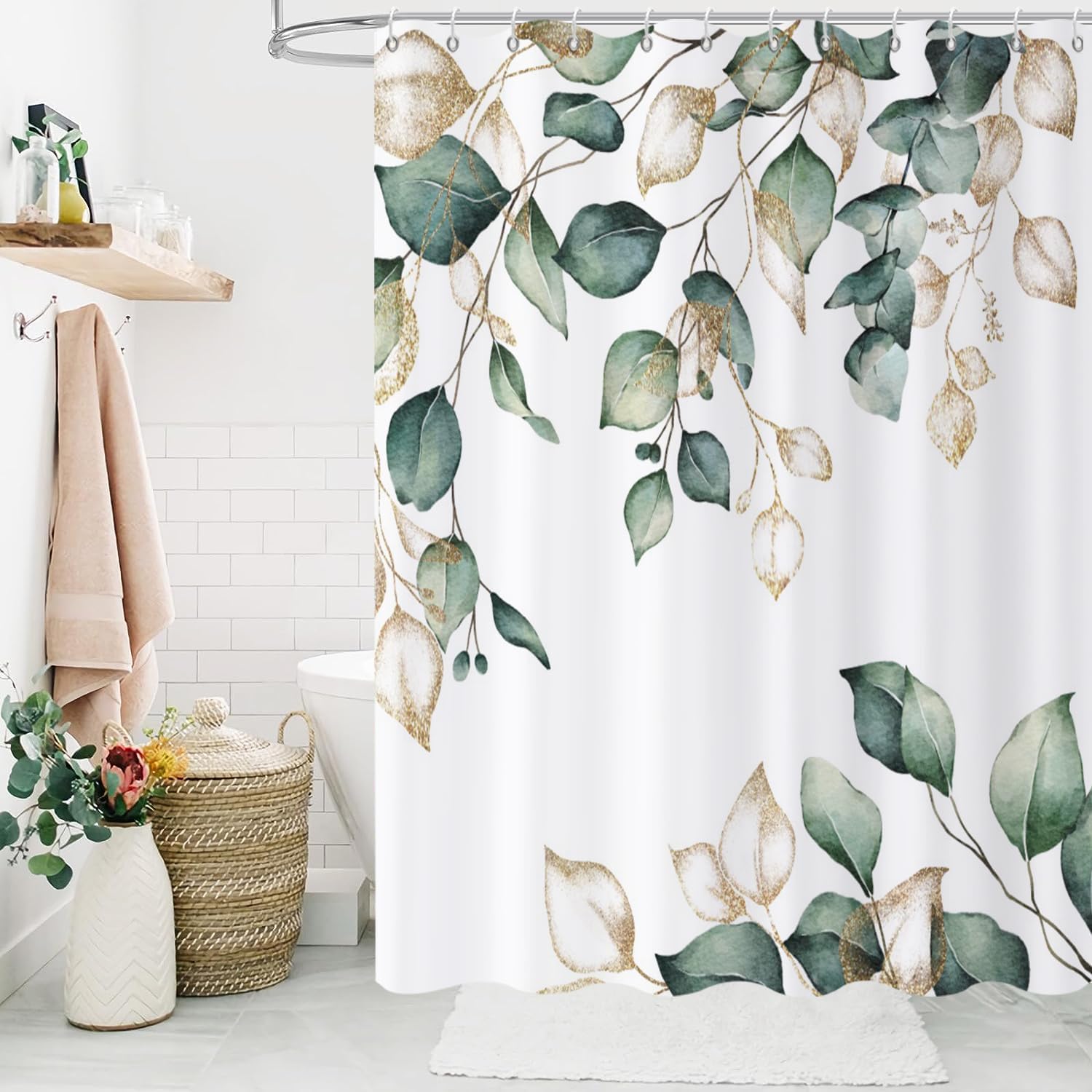 Ruelvth Cortina De Ducha De Eucalipto, Color Verde Salvia Primaveral Y Dorado Con Hojas Abstractas, Juego De Cortina De Ducha Para Baño, Tela Impermeable, Acuarela, Decoración De Baño Botánica Con