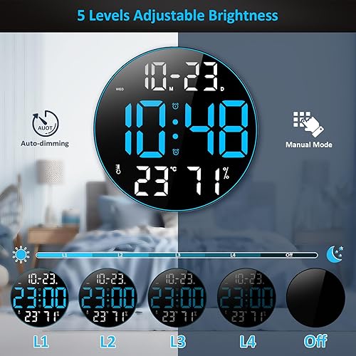 Miniatura 3 de PiKaPiKaP Reloj de pared digital con pantalla grande, reloj digital de 12 pulgadas con control remoto, calendario, atenuación ajustable,