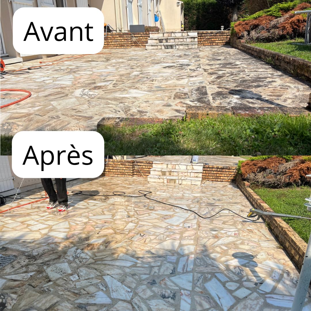 Nettoyant terrasse en pierre, en béton, en carrelage. Dégraisse - rénove les sols encrassés par la pollution et élimine les tâches vertes et noires - agit en 40minutes - FastiSol