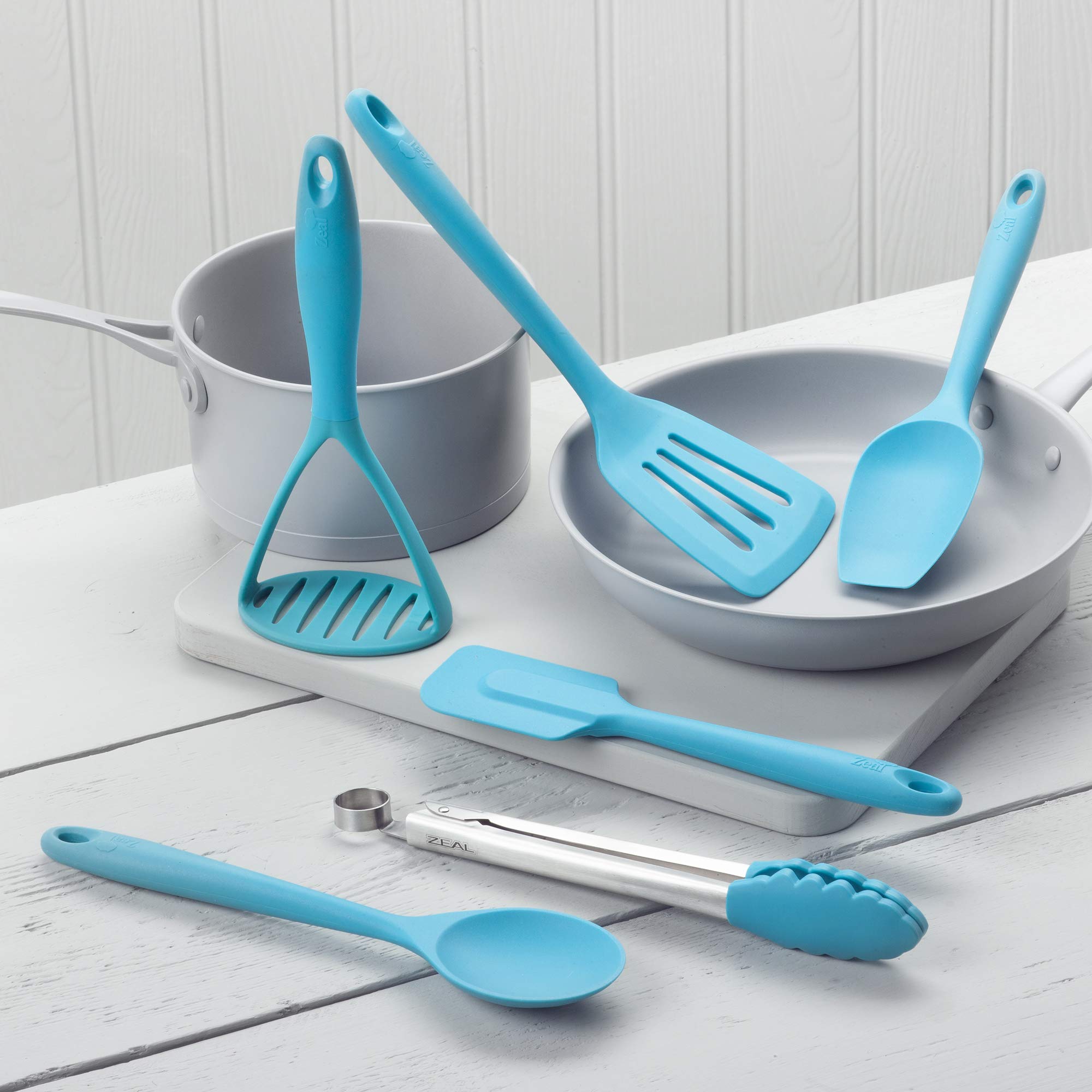 Zeal JSET46A Antihaft-Silikonwender, Kochzange, Stampfer, Pfannenwender und Kochlöffel 6-teiliges Set – Aqua, Silikon