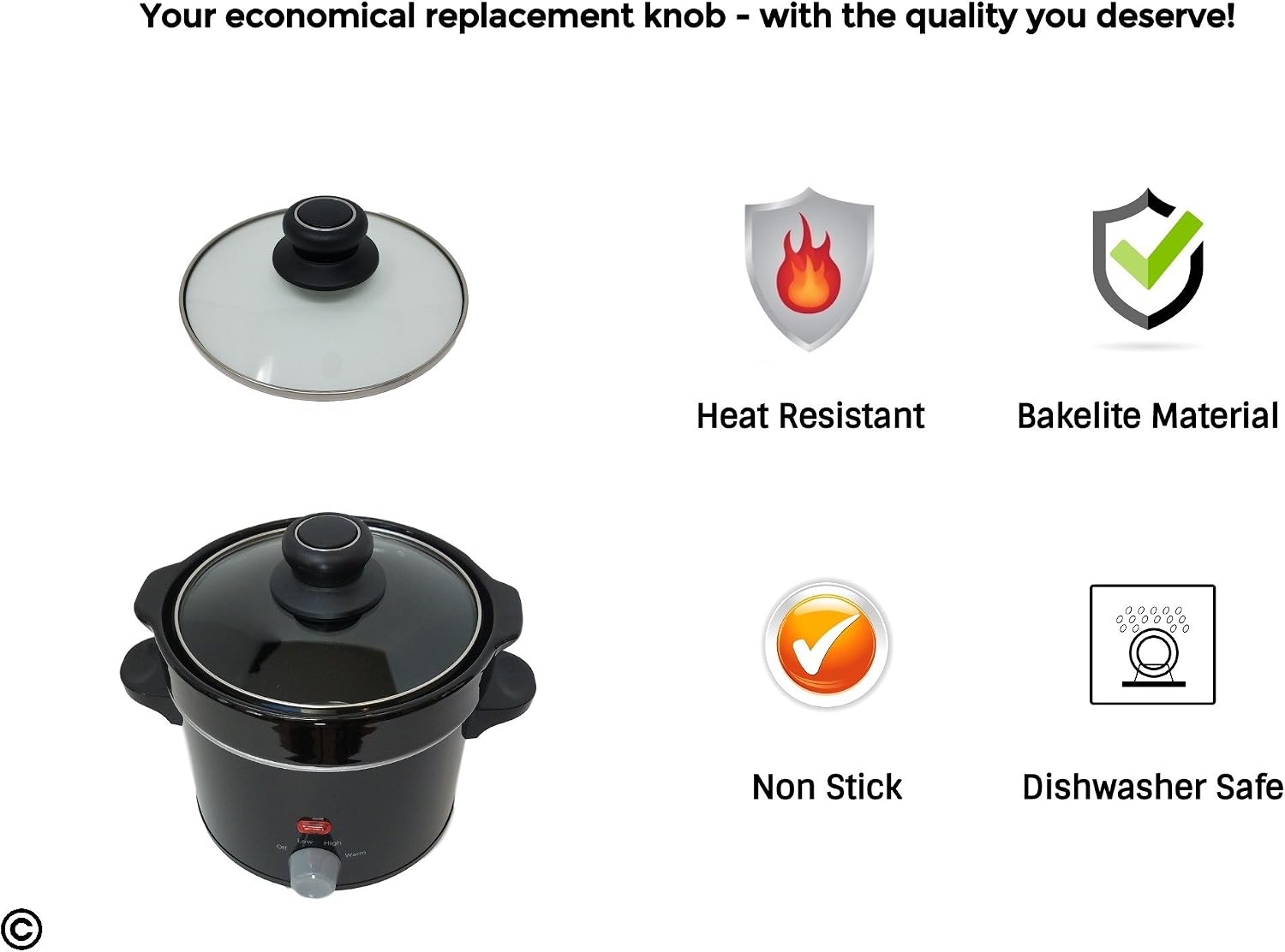 Cookware Universal Replacement Lid Knob – Heat Resistant, Bakelite Kitchen Pot Lid Handle, Black w/Silver Lining (1)