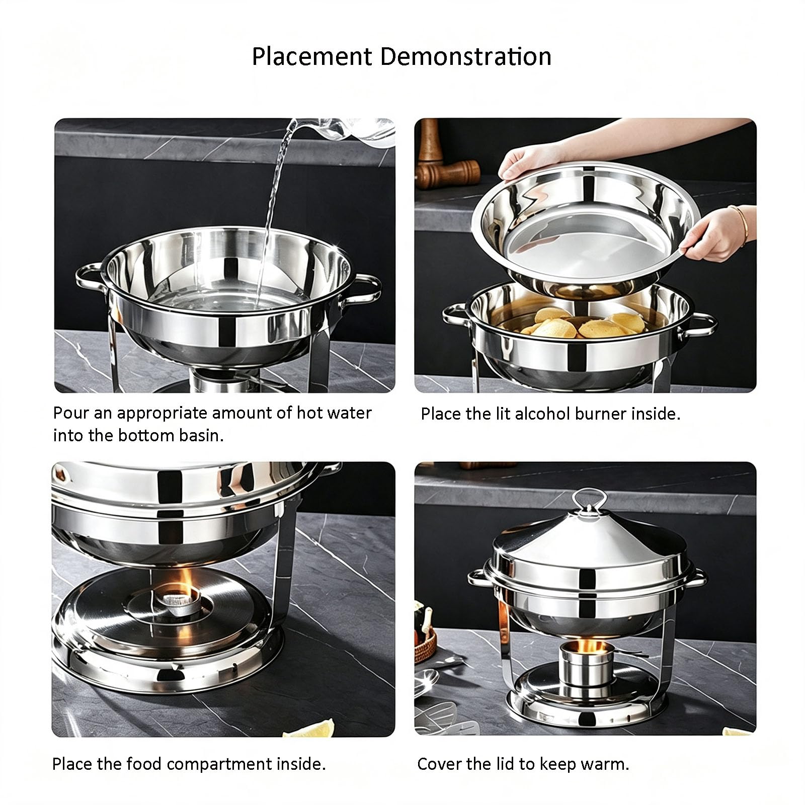 Calentadores De Alimentos De 9 litros para Buffet (9L,Sliver) | Soportes Para Combustible, Calentadores De Buffet Redondos Con Gancho, Para Bodas, Hoteles, Fiestas Y Banquetes