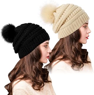 29 IYEBRAO 2-Pack Womens Winter Slouchy Beanie Chunky Baggy Knit Hat with Pom Pom Fleece Lined Ski Warm Cap Ladies & Girls