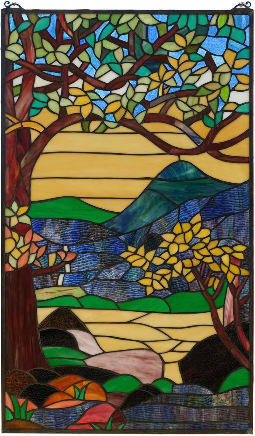 Tiffany Style Stained Glass Hanging Window Panel Dawn in Valley. 20.5 x 34.5