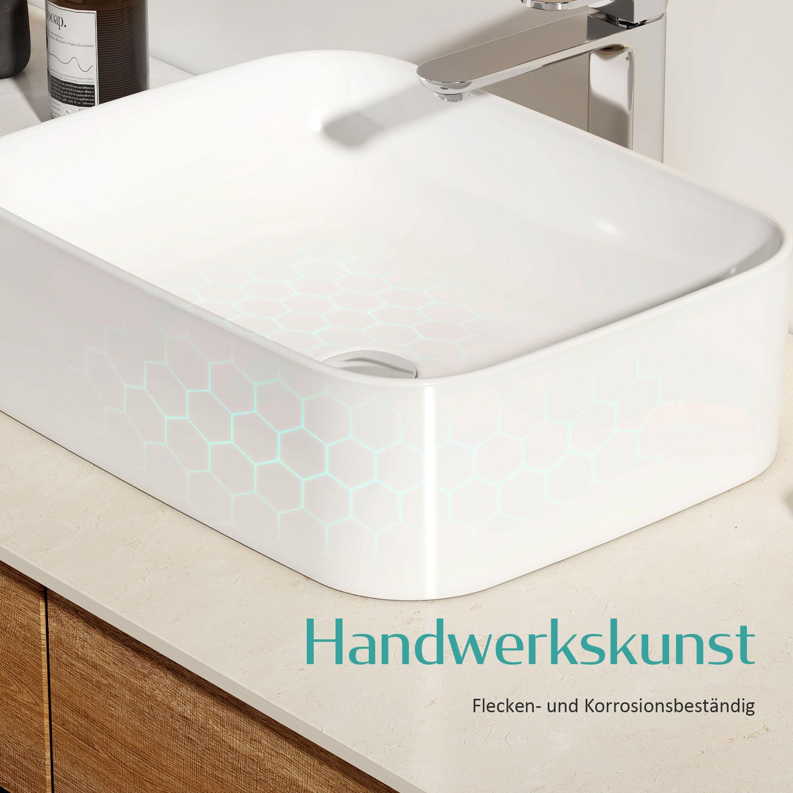 EMKE Lavabo da appoggio 610 x 380 x 150 mm, Lavabo rettangolare in ceramica per bagno, bianco brillante, lavabo di alta qualità per bagno, facile da pulire e installare