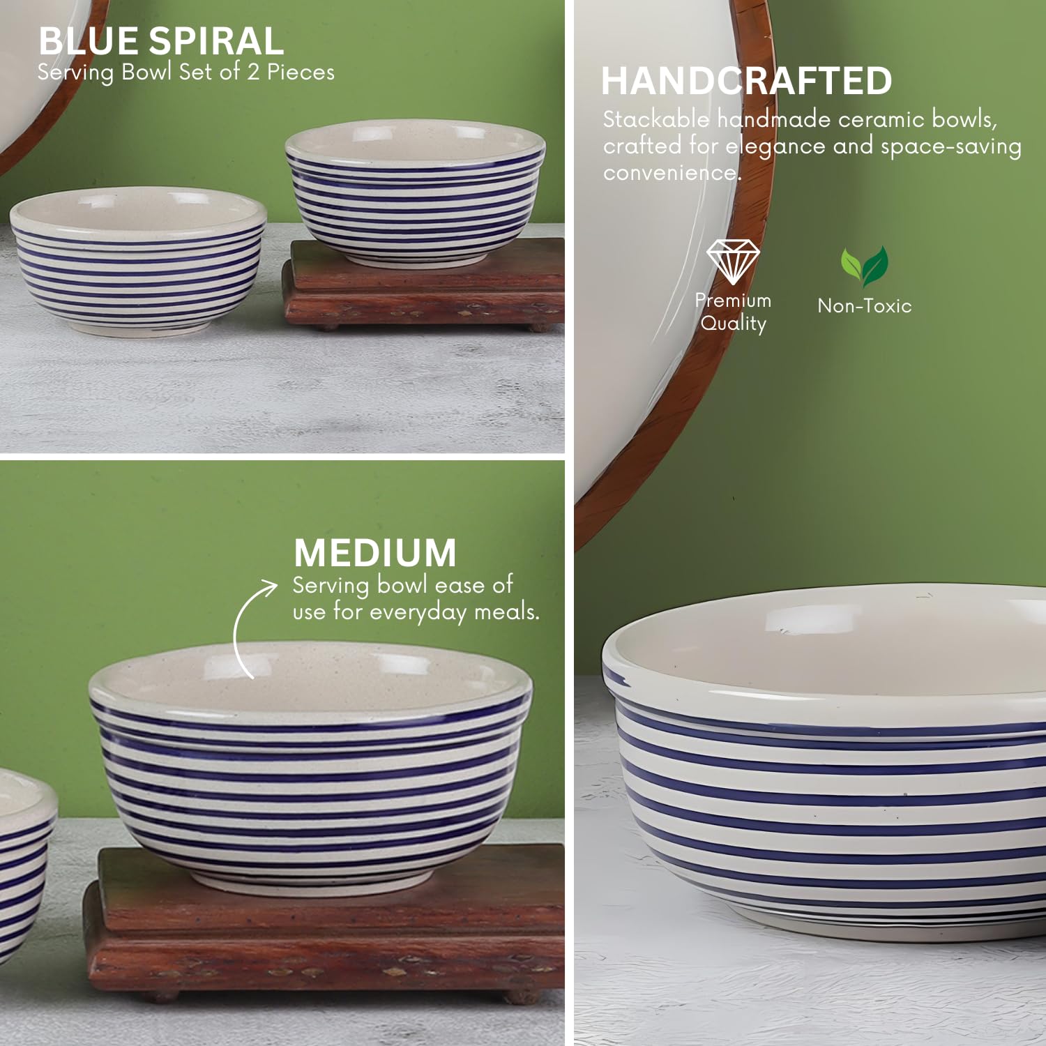 VarEesha Parikrama Microwave & Dishwasher Safe Ceramic Bowl Set of 2 | Ideal for Snacks, Rice, Dal, Fruits, Salad, and More | Dishwasher Safe BPA & Lead-Free Serving Bowls |350 ML | Blue 3