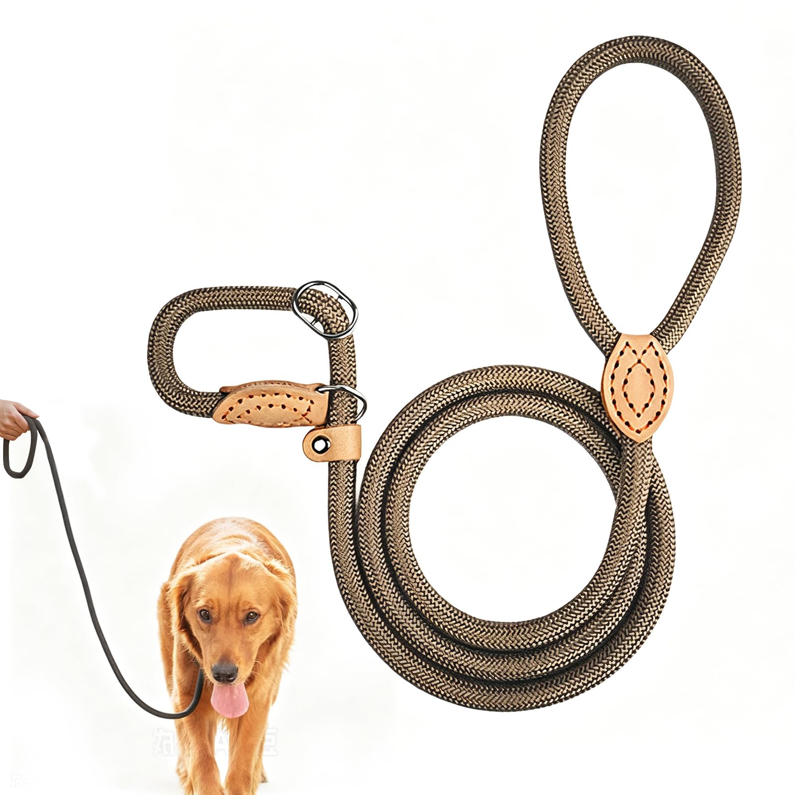 Correa Retriever para Perros 1.8 m x 1 cm, Correa de Entrenamiento Ajustable con Collar Integrado, Nylon Resistente con Control Antitirones, Color Caqui para Paseo, Running y Adiestramiento