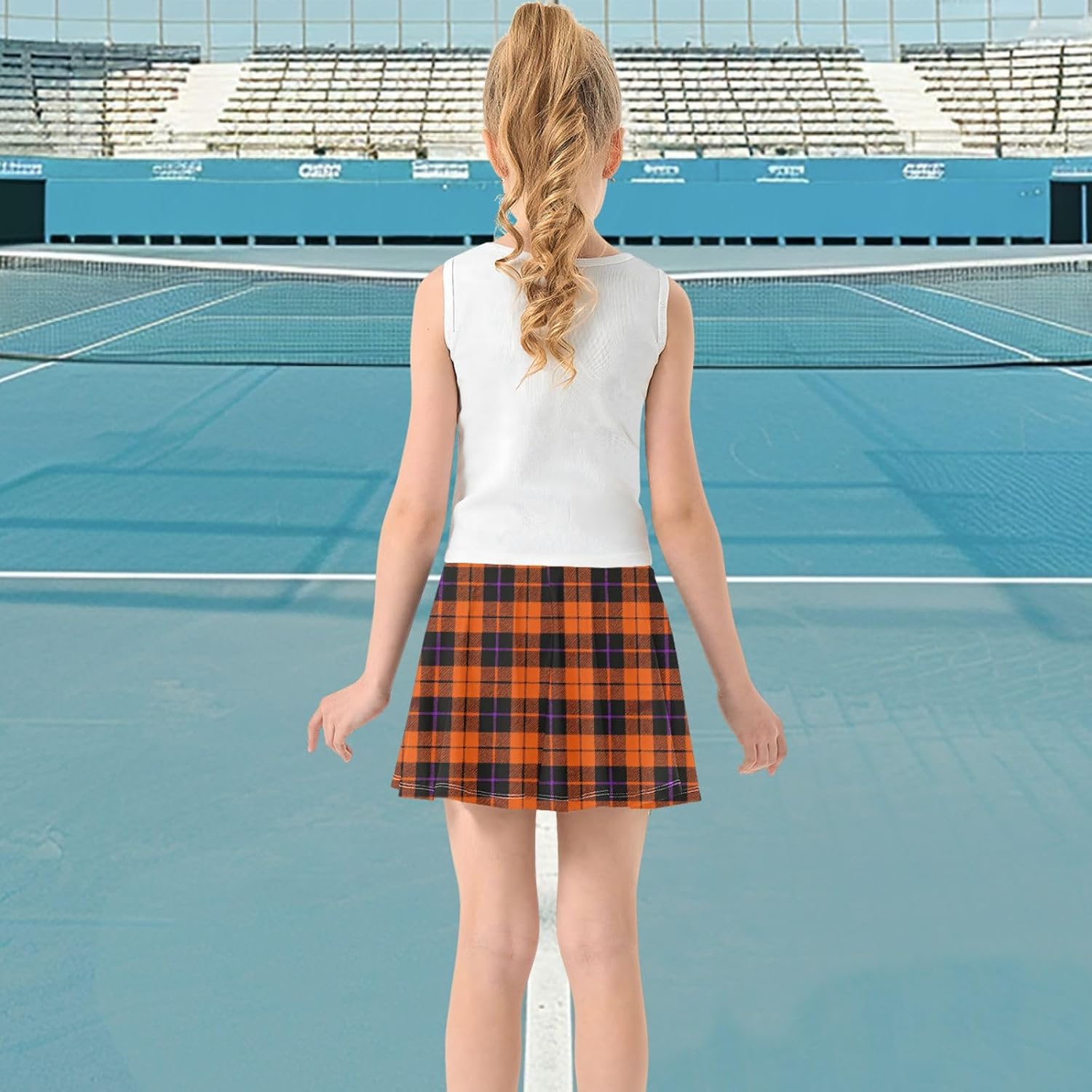 visesunny Orange Plaid Halloween Girl's Golf Skirt Athletic Tennis Skort Sport Activewear with Double Layer Pockets