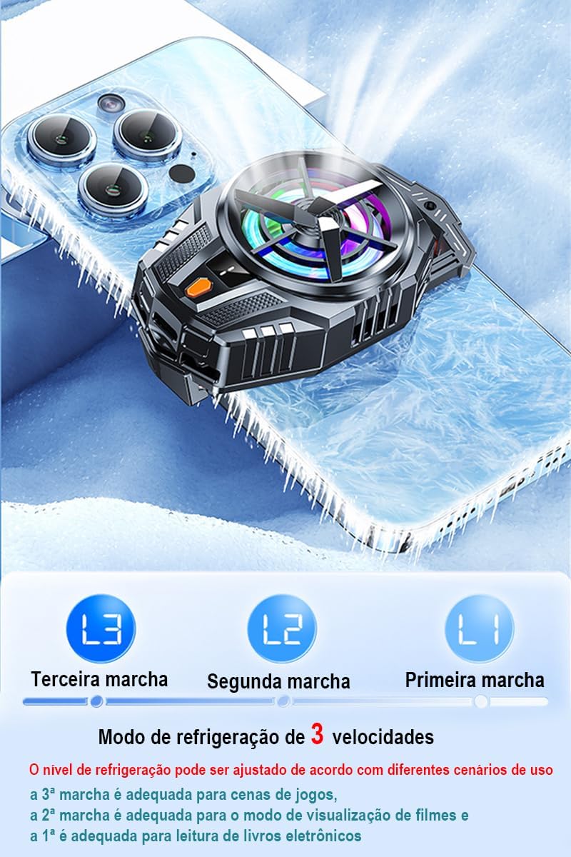 Suporte Refrigerador para Celular com LED RGB, 3 Velocidades de Resfriamento, Fivela Telescópica Ajustável 6.5-8.4cm, Ventilador Gamer para Smartphones