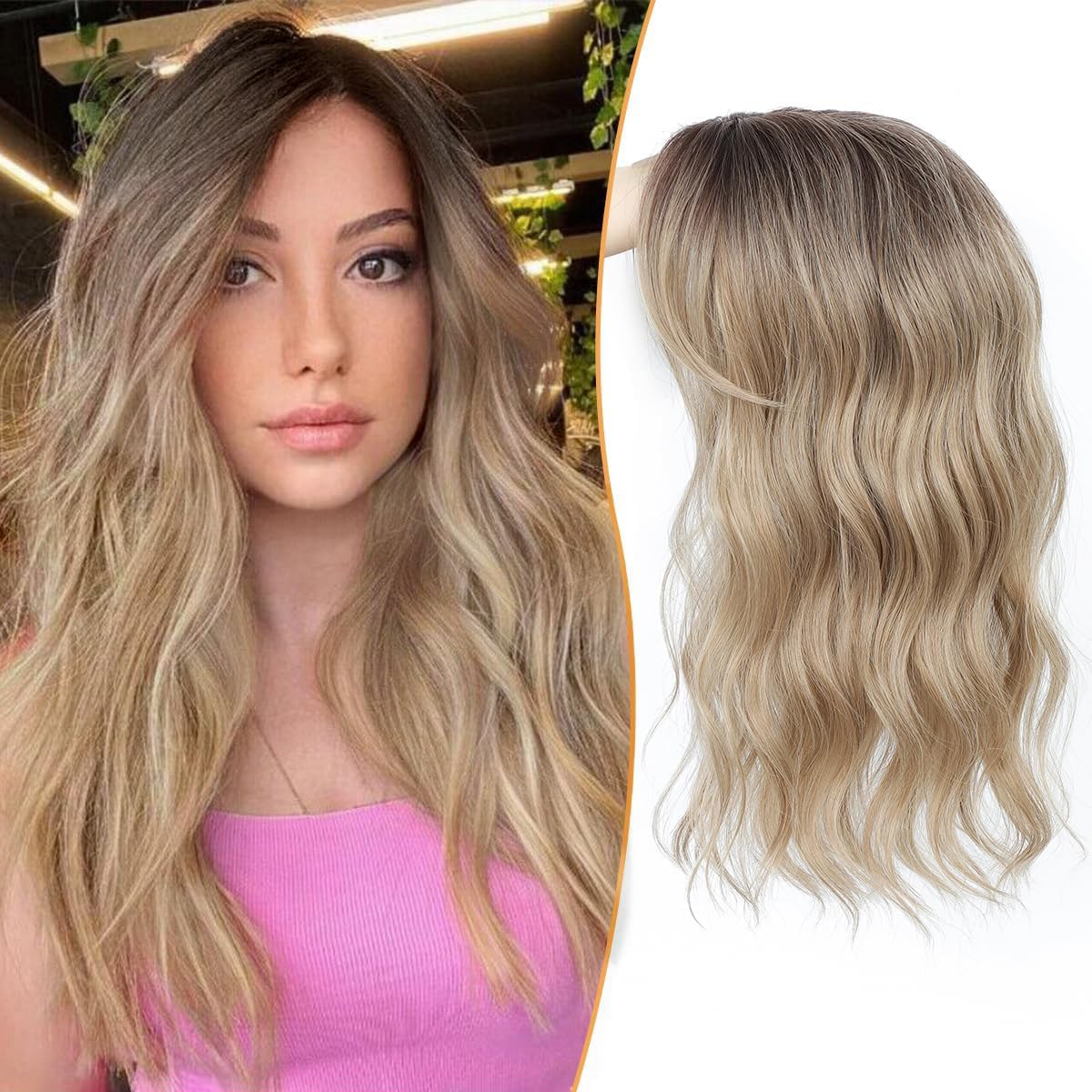 PANEWAY Hair Topper 16 Inch Wavy Synthetic Clip-In Topper for Women Natural Looking Voluminous Hairpiece for Thinning Hair, Lightweight & Breathable 16 Inch Ombre Blonde With Dark Root