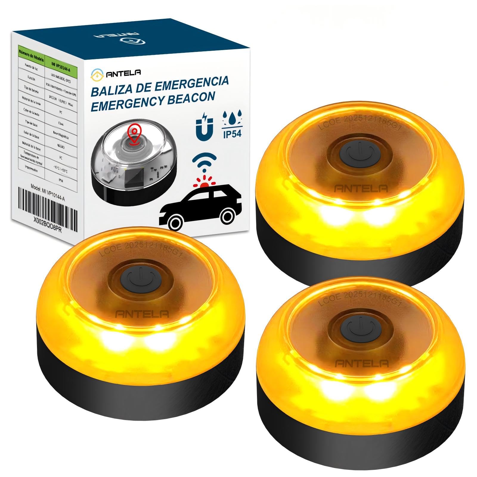 ANTELA V16 Luz Emergencia Homologado DGT Baliza,con Geolococation 3.0 Luz de Emergencía,Tarjetas SIM Datos Incluidos hasta 12/2038,Baliza V16 geolocalizada,Base Magnética, 3pc