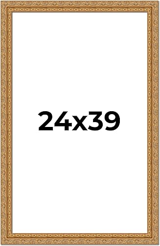 Marco de fotos de madera maciza adornado dorado de 24 x 39 pulgadas, ancho de moldeo de 2 pulgadas, marco de fotos tradicional Firman completo con