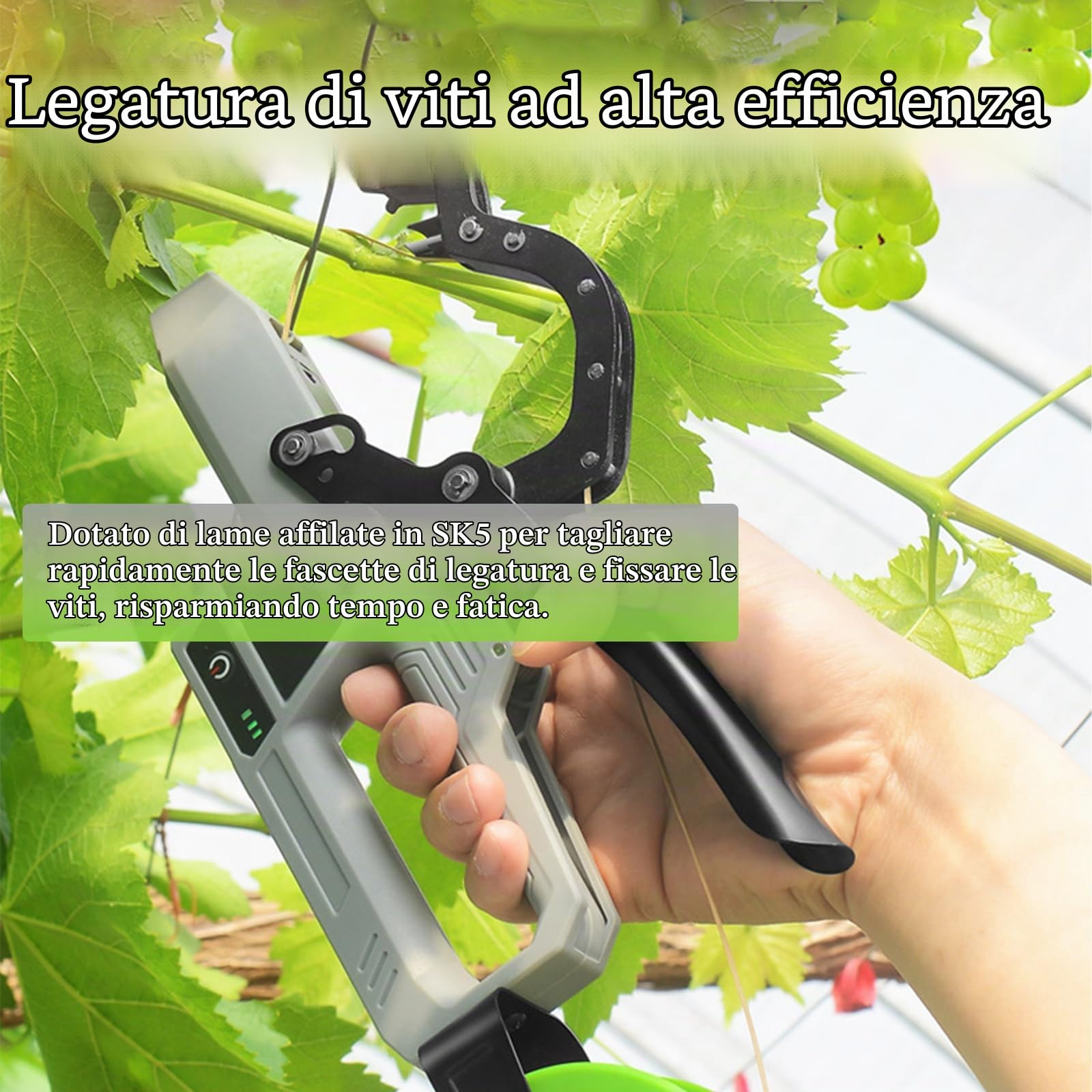 Legatrice Per Piante Elettrica, Legatrice Per Vigneto Con 2*2,5 Ah, Indicatore Di Alimentazione, Diametro Di Rilegatura 45 Mm, Legatrice Da Giardino Portatile 6000 Volte Per Uva, Piante, O Gray&Green