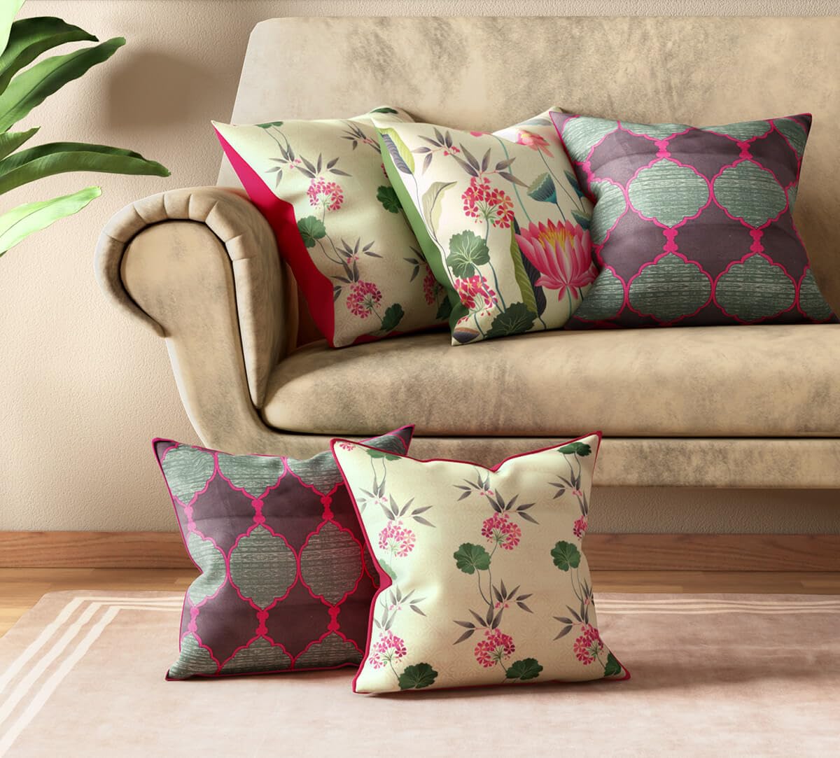 India Circus by Krsnaa Mehta Padma Pond 18" x 18" Polyester Crepe Multicolor Printed Decorative Pillow Cover for Couch Sofa, Bed Cushion Cover Set of 5 (18 x 18 Inches)-image-32