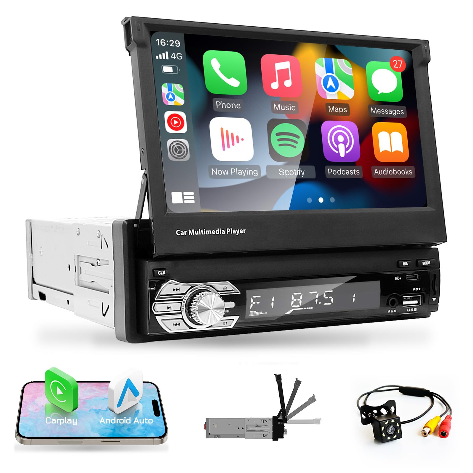 Carplay 1 DIN Car Radio Bluetooth Removable HD Screen 7 Inches | Car Radio with Screen with Carplay Android Auto, GPS Navi, Type-C /AUX/FM/Mirrorlink, Steering Wheel Control, Mic, Camera