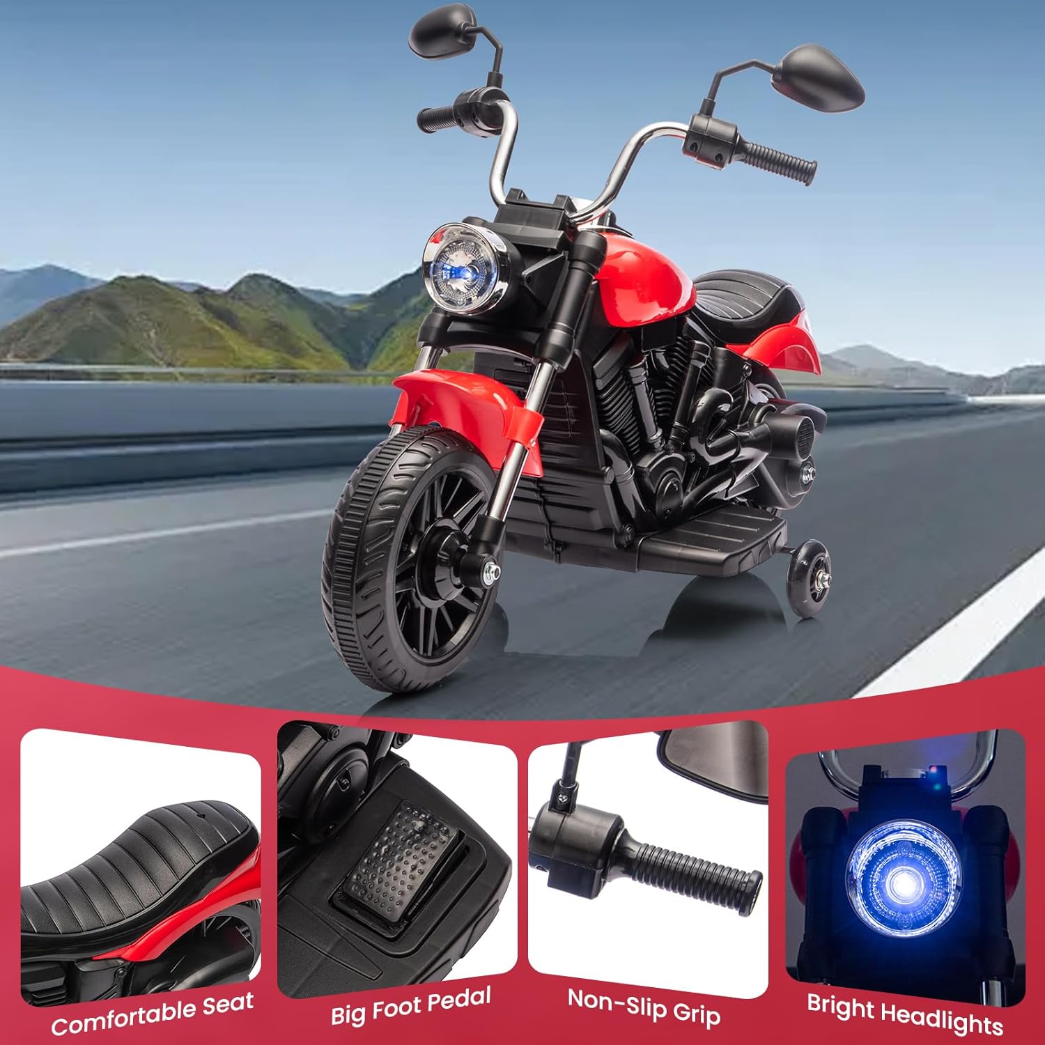Kids Motorcycle, 12V Battery Powered Electric Motorcycle, 3-Wheel Ride On Motorcycle w/Training Wheels, Reverse, Headlight, Horn, Music, Ride On Toy for Kids Toddler Boys Girls Ages 3-5 Years (Red)