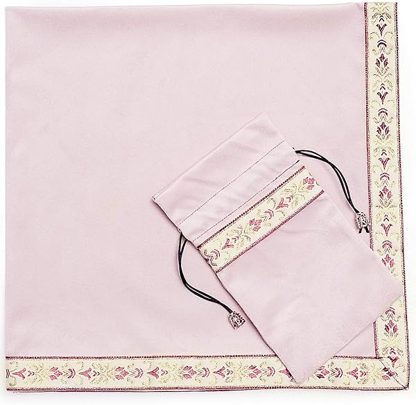 Kuai タロットクロス パステルカラー 68×68cm 2点セット ベルベット ポーチ付 タロット カード 占い 鑑定 厚手 (パステルピンク+ピンクリボン, 2点セット ポーチ小付) - 1
