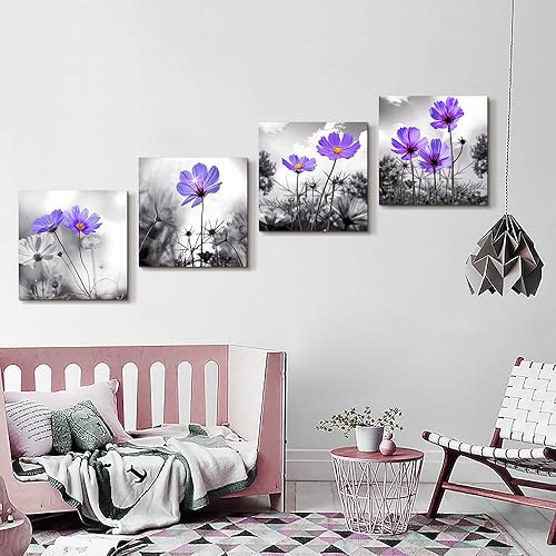 Miniatura 3 de Arte de pared para sala de estar, flores moradas en blanco y negro, impresiones en lienzo grandes, decoración de pared, obras de arte de 16 x 16