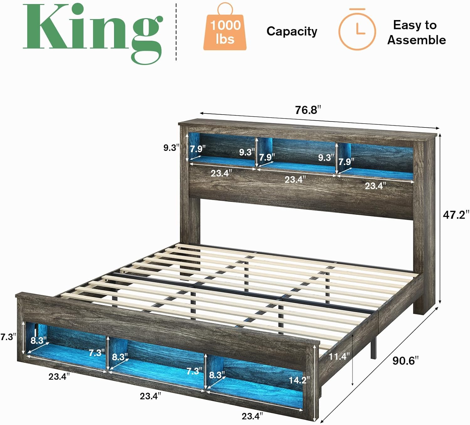 Albott Farmhouse King Size Bed Frame with Storage Bookcase Headboard and Footboard, Storage Wood Platform Bed Frame with Wood Slats Support, Noiseless LED Bed Frame, No Box Spring Needed, Gray