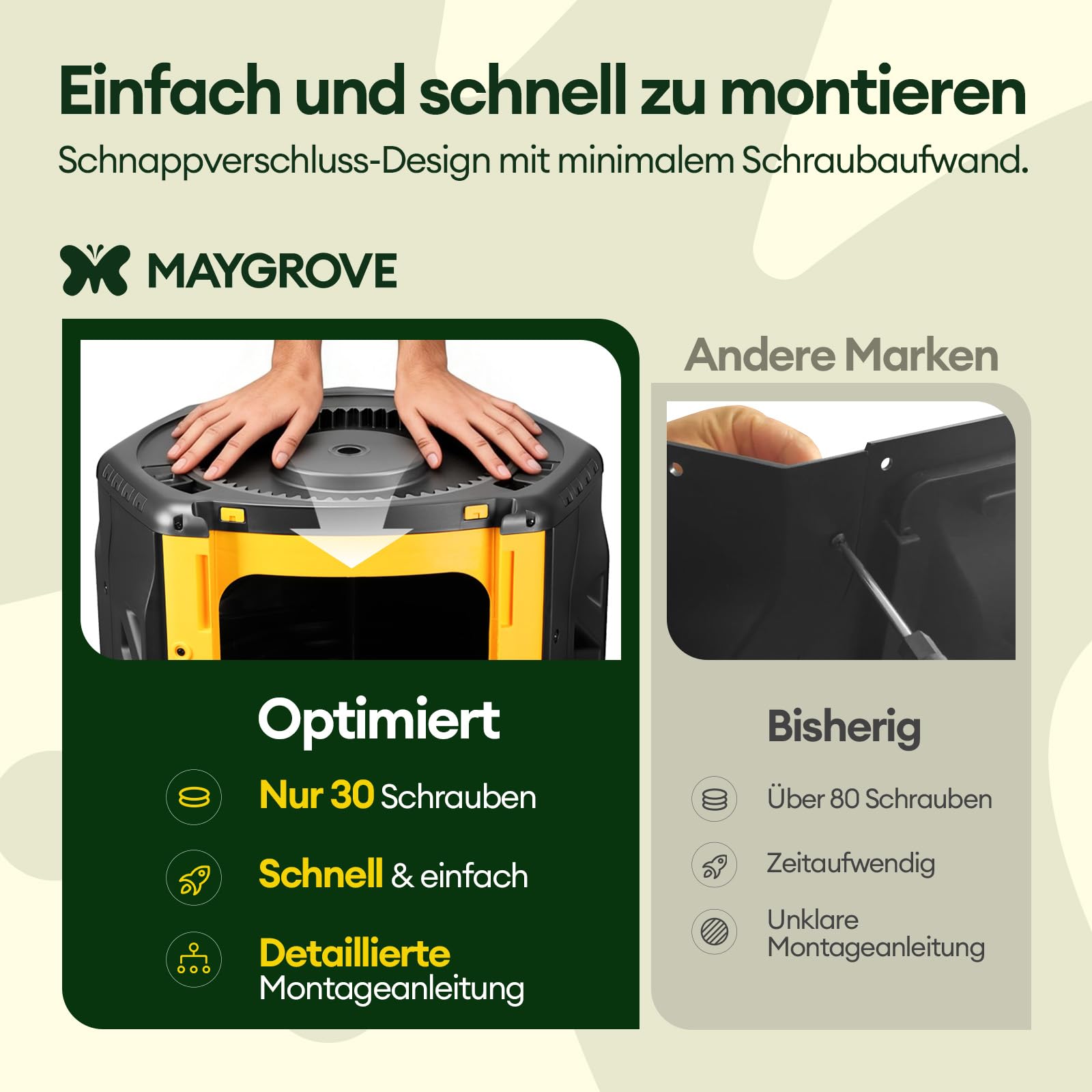 Maygrove Komposter Garten 200L Schnellkomposter mit 2 Großen Kammern und Schiebetüren Trommelkomposter 360°-Drehung mit Stabilem Stahlrahmen für Küchen- & Gartenabfälle