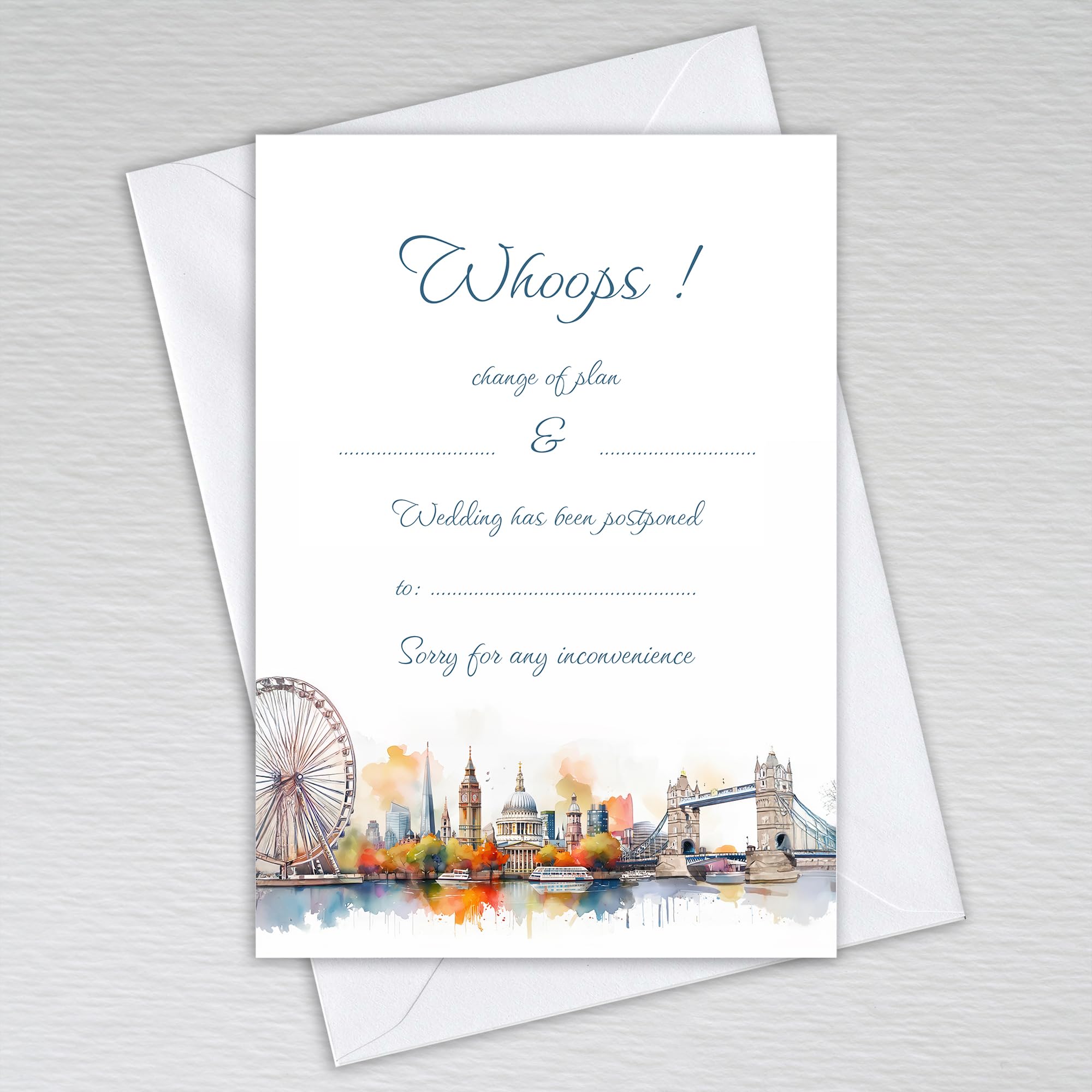 London Themed Change the Date Cards with Envelopes/Change of Plan: Watercolour UK British English City of London Skyline Wedding Postponal Cards (Pack of 50 with Envelopes) โ image 1