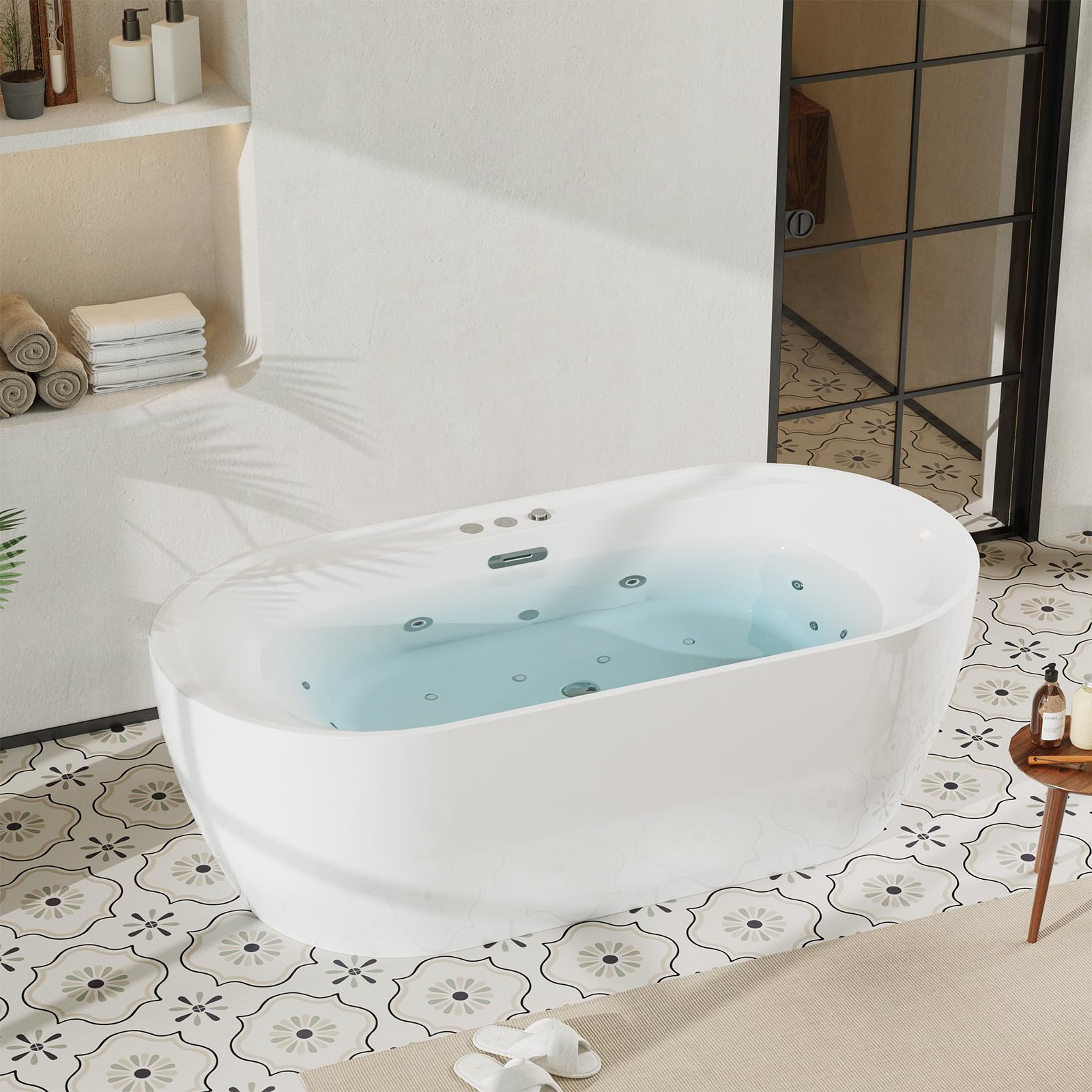 71 in Acrylic Freestanding Bathtub, Soaking Bathtub with Adjustable Jets, Ergonomic Design, Water Jetted Tub with Air Bubble Massage, Matte Drain, CUPC Certified, Deep Soaking Tub for Bathroom