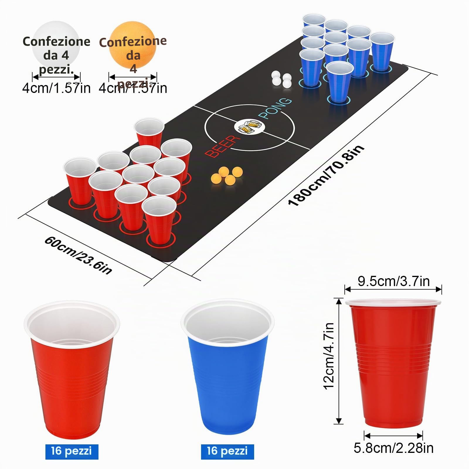 Beer Pong Ping Pong Kit, Birra Pong Tazze, 32 Bicchieri Beer Pong (500ml), 8 Palline da Ping Pong, Tappeto da Gioco, per Adulti Festa,Festival, Matrimoni, Campeggio
