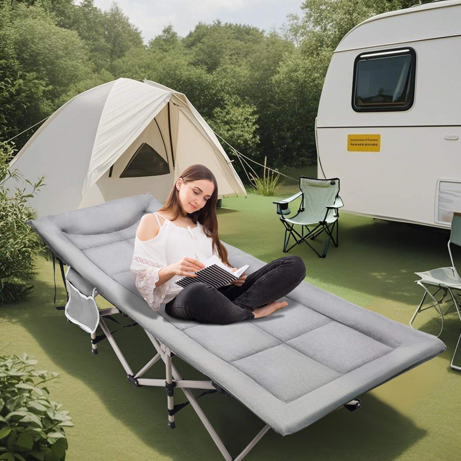 Cama plegable de camping, capacidad de carga cama plegable cama de invitados, cama plegable/tumbona de camping con colchón, bolsillos laterales, respaldo ajustable, 190 x 68 x 40 cm – hasta