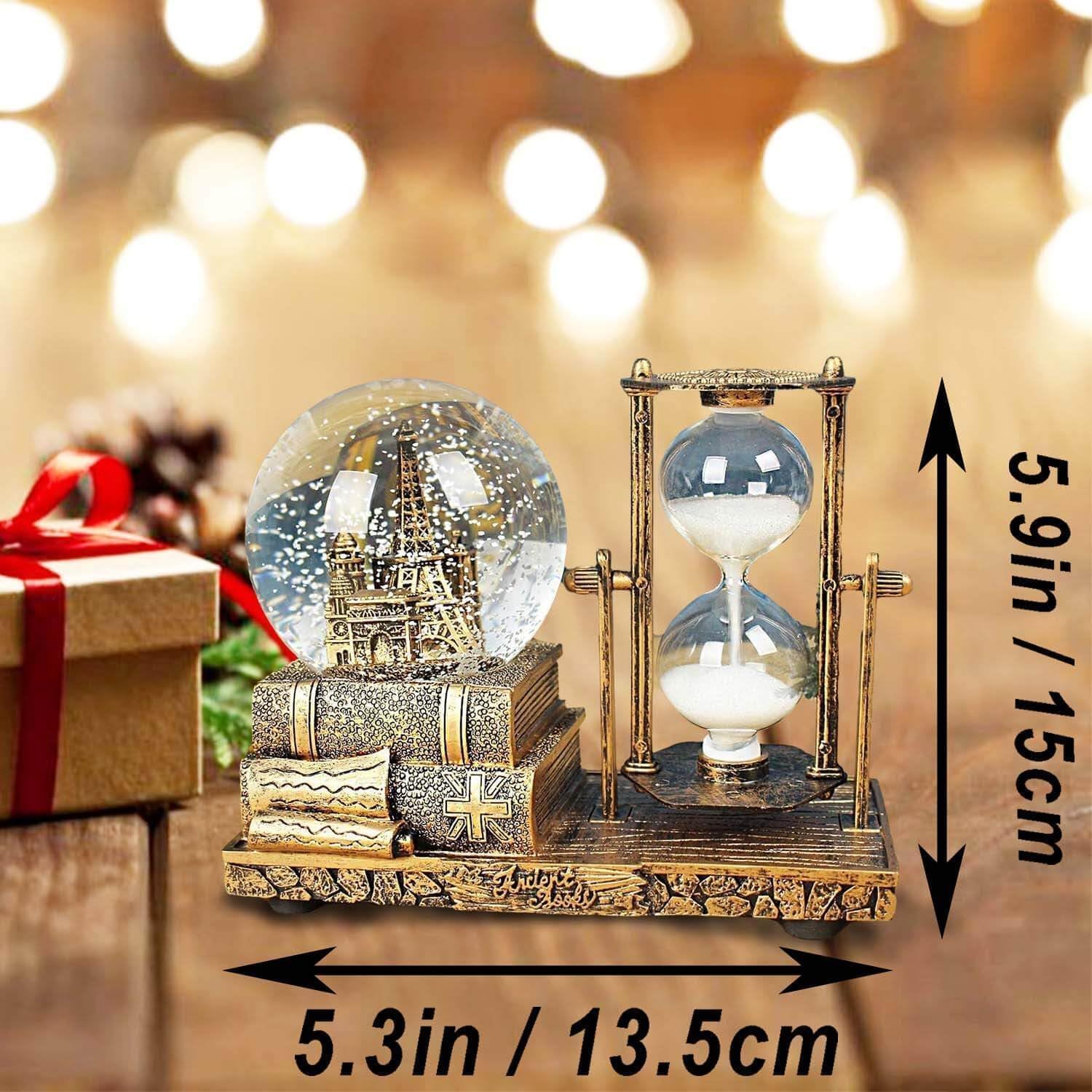 Crystal Snow Globes with Hourglass Timer & Led Music Vintage Brass Snow Crystal Ball Paris Eiffel Tower for Home Snowglobes Decoration Gifts(Pack of 1,Golden) (Paris Eiffel Tower)