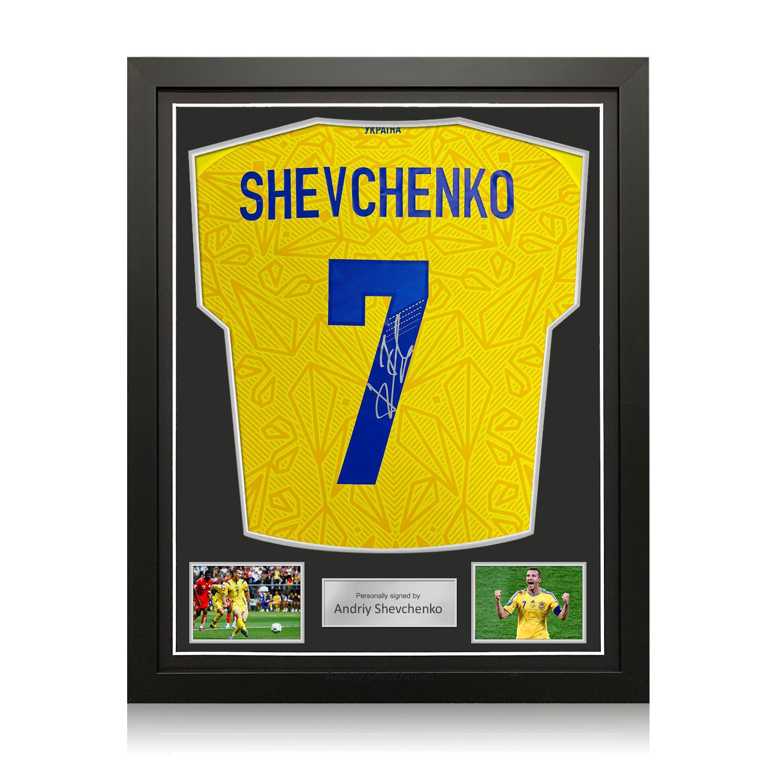 Exclusive Memorabilia Andriy Shevchenko Signed Ukraine 2026-27 Football Shirt. Standard Frame