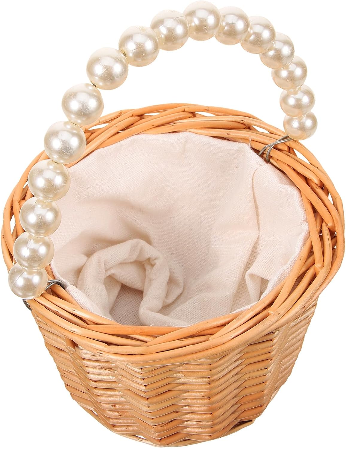 Woven Flower Girl Basket with Handle Small Pearl-accent Wicker Basket for Wedding Ceremony Home Decor