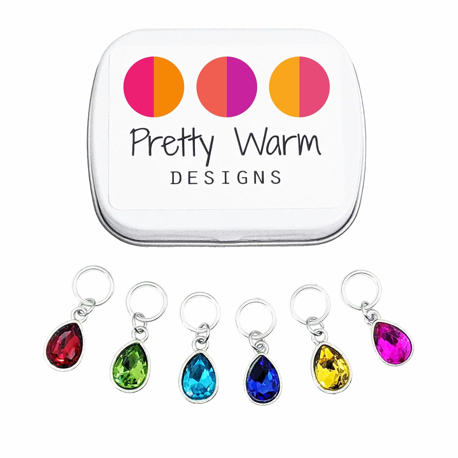 Crystal Jewels Stitch Markers for Knitting – Ring Style with Storage Tin | Set of 6 Sparkly Jewel-Tone Charms | Snag-Free Rings | Handmade Knitting Notions Gift by Pretty Warm Designs
