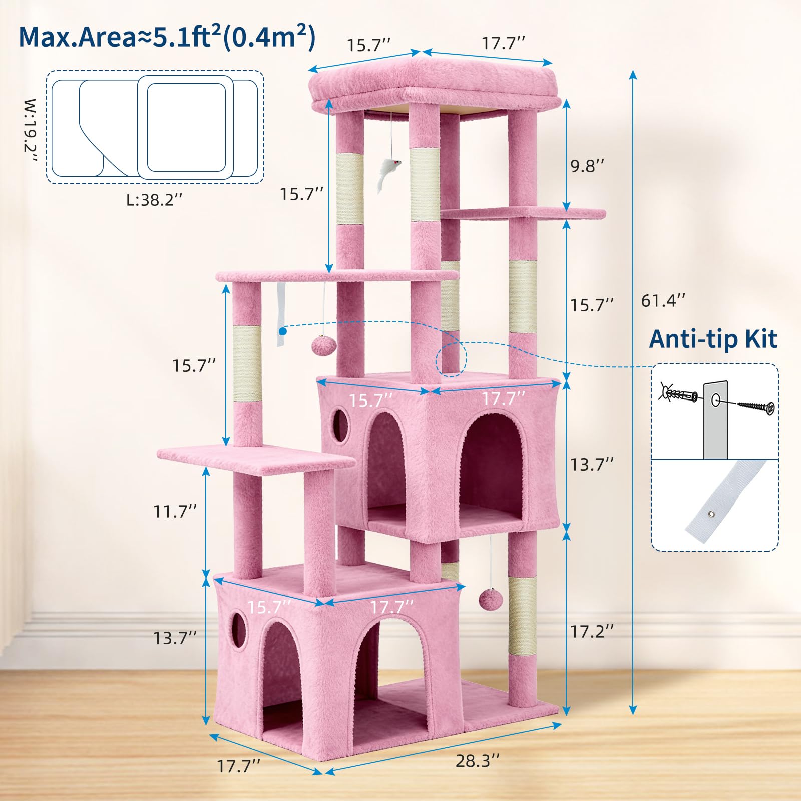 Albero tiragraffi per gatti grandi 157cm - Torre multi-livello con piattaforma XXL, 2 condotti spaziosi, pali in sisal resistenti, giochi per Maine Coon e adulti - Rosa