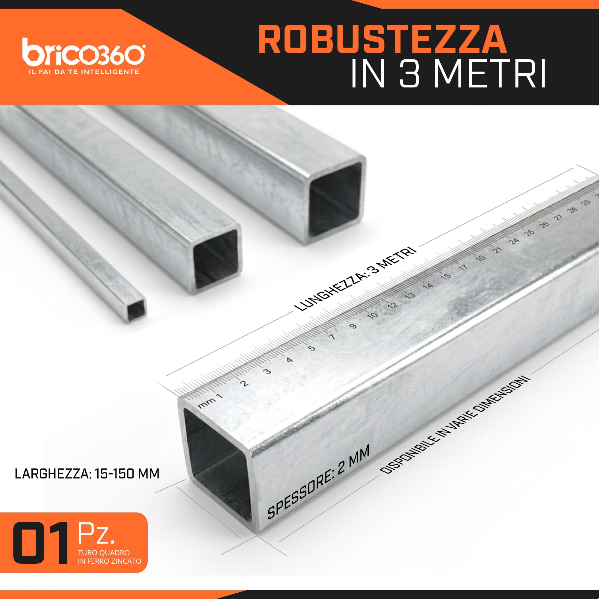 Tubolare ferro quadro zincato 40x40x2mm Barra 3 metri Profilo acciaio zincato carpenteria