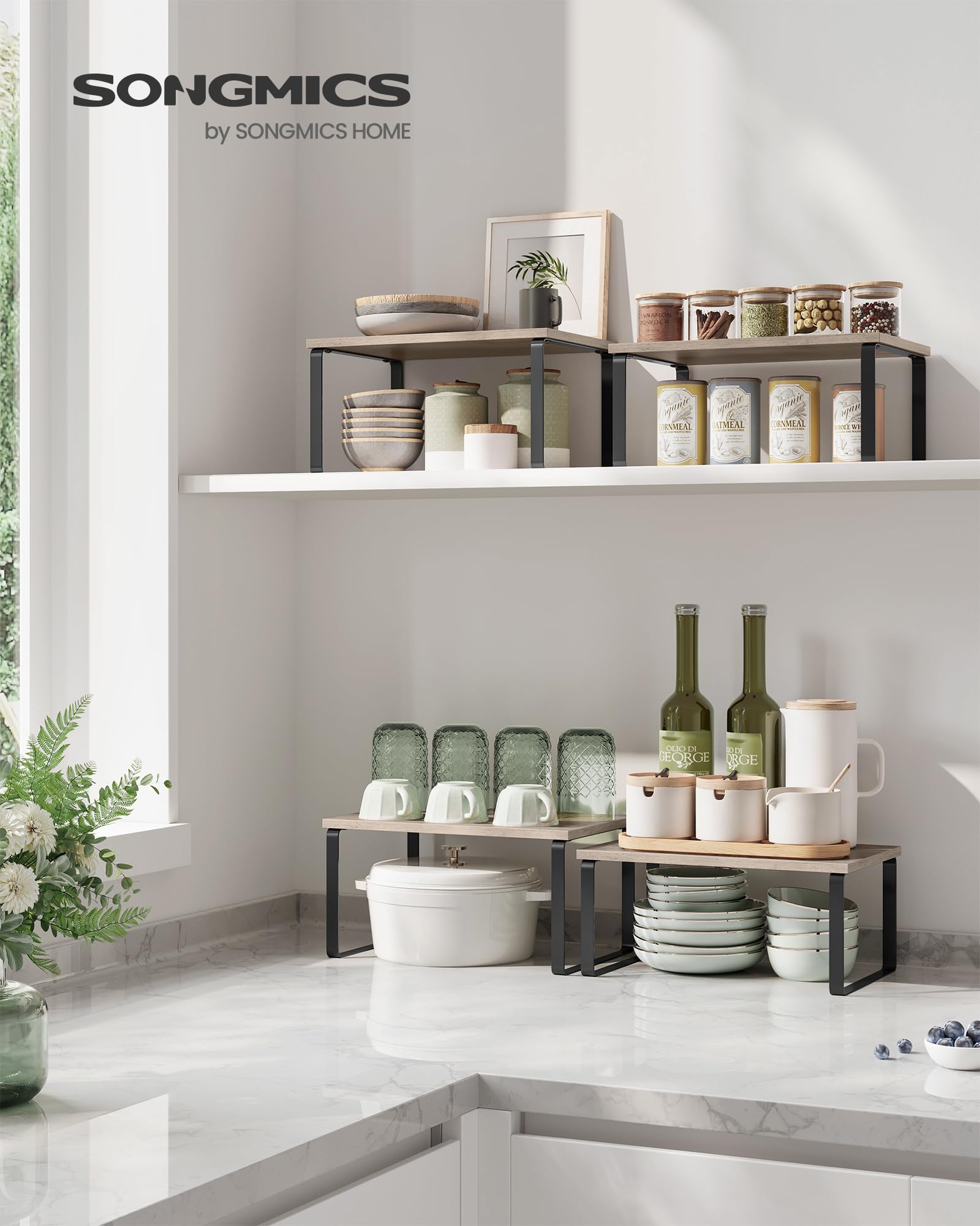 SONGMICS Set di 4 portaspezie, organizer da cucina, espandibile, portaspezie, impilabile, con struttura in metallo, 19,5 x 29,7 x 15,8 cm, grigio grigio screziato KCS021X02