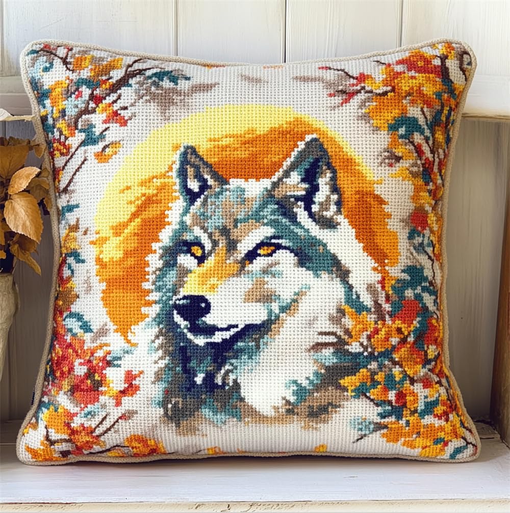 Hdfvlfdsa Stamped Cross-Stitch Kit W/Printed Tapestry Canvas — Half Moon and Wolf 17.7X17.7In(45X45Cm) Stamped Cross-Stitch Cushion Kit for Creative Home Décor — Needlework Kit for Adult Beginners