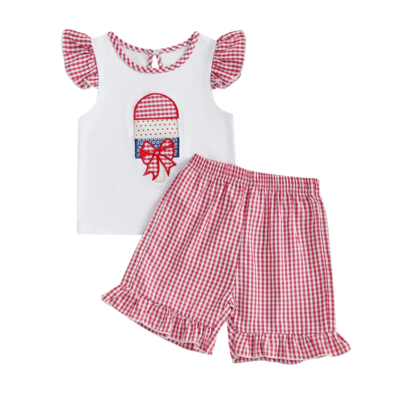 Finegoodwei Kids Girls Shorts Set Fly Sleeve Embroidery Popsicle Vest and Plaid Shorts Summer2-piece Outfit for 4th of July (White, 3-4T)