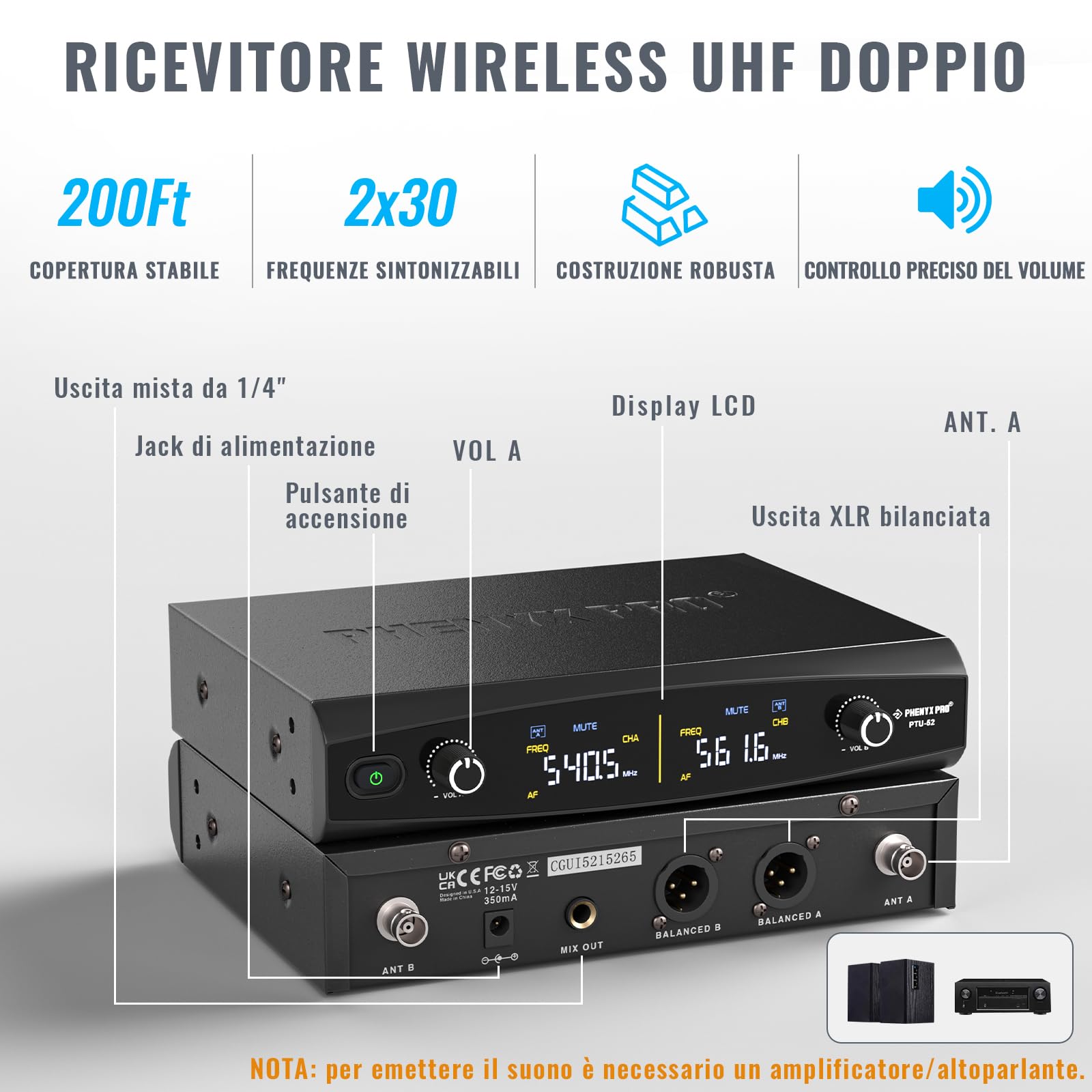 Phenyx Pro Sistema Microfono Wireless UHF Dual PTU-52-1H1B | 1 microfono palmare, 1 bodypack, headset/lavalier, 2 x 30 frequenze, portata 200 ft, canto e karaoke