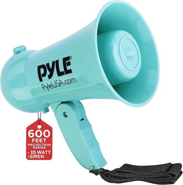 Pyle 15W Portable Bullhorn Megaphone Speaker with Built-in Dynamic Microphone, Siren & Talk Switch, Adjustable Volume, Up to 600 ft Range, Ergonomic Handle, Battery Operated (6x AA), Indoor/Outdoor