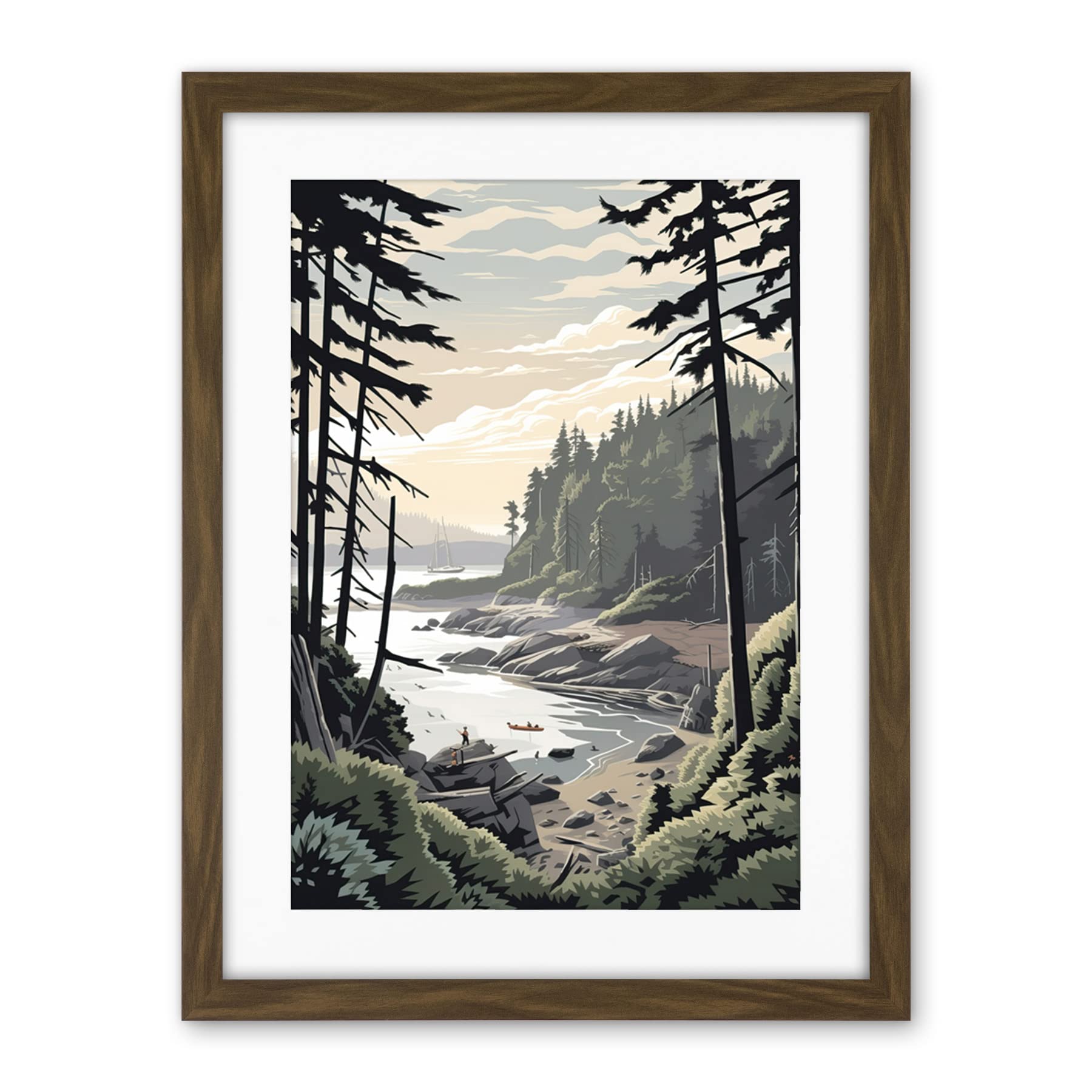 Artery8 Great Bear Rainforest Hikers Coastal Landscape Artwork Framed Wall Art Print 18X24 Inch