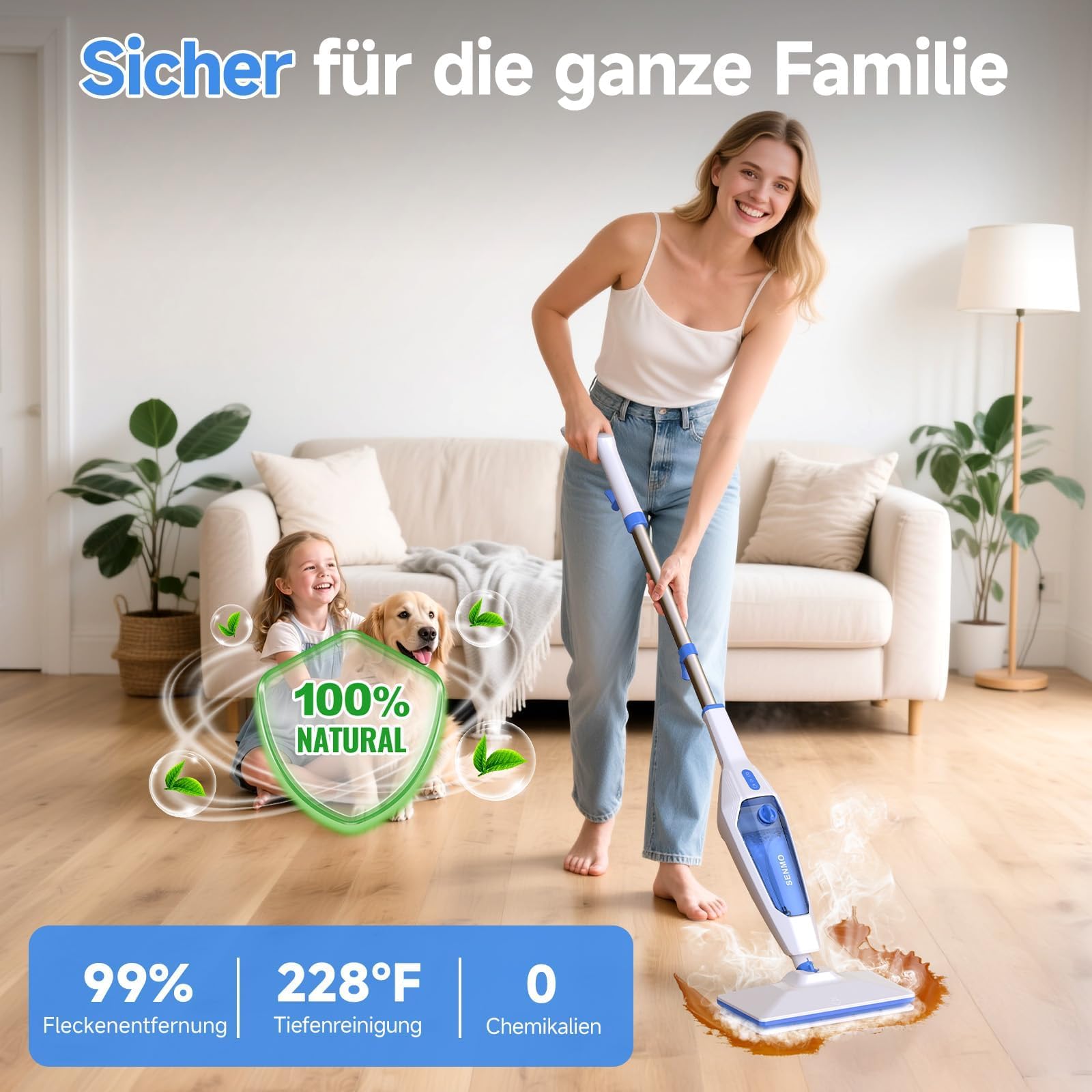 SENMO Dampfreiniger 14-in-1 mit abnehmbarem Handdampfreiniger | 1300W 228°F Tiefenreinigungs-Multidampfreiniger mit 14 Zubehör, für Böden, Parkett, Fliesen, Fugen, Teppich, Küche & Bad