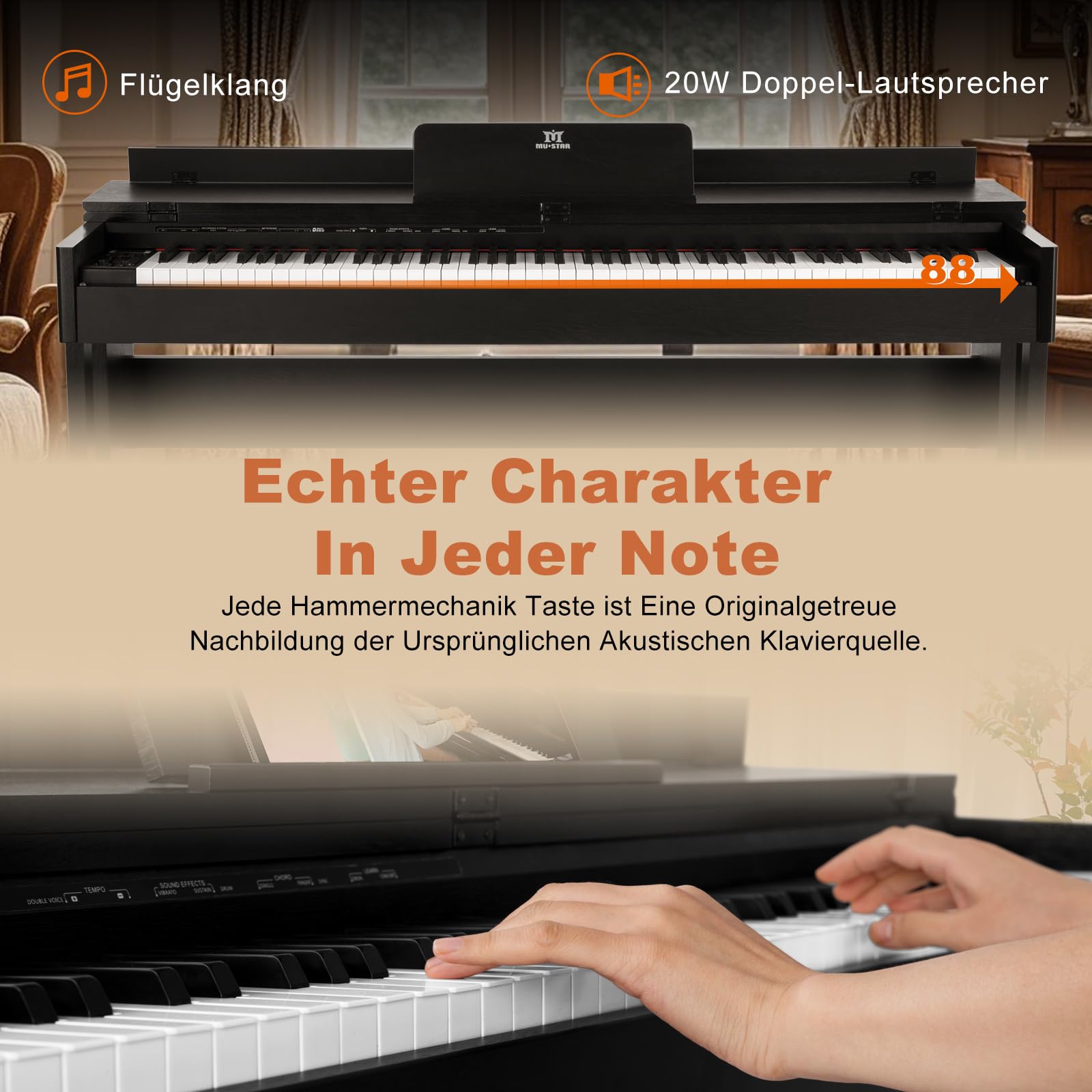 MUSTAR Digital Piano 88 Tasten mit Klavierhocker, E Piano Schwarz mit Hammermechanik, E-Klavier mit 3 Pedale Adapter, 2 Kopfhöreranschluss, Duales Kontrollsystem, USB/MIDI, Klassisch professionell
