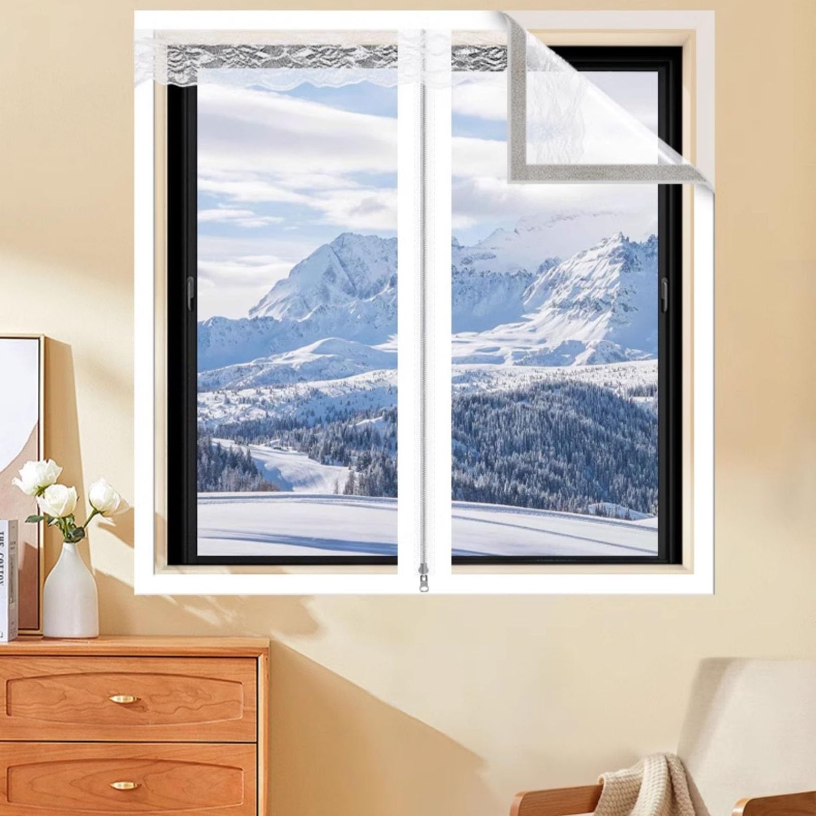 Selbstklebende Transparente Thermovorhang, Winddichte, Schalldichte Thermovorhänge mit Reißverschlüssen, für Alle Arten von Fenstern(White,120X150cm)