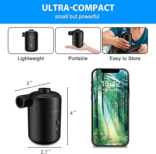 Miniatura 2 de Bomba de aire portátil para inflables, recargable por USB de 3600 mAh, funciona con pilas, mini inflador y deflador para piscina, colchón inflable