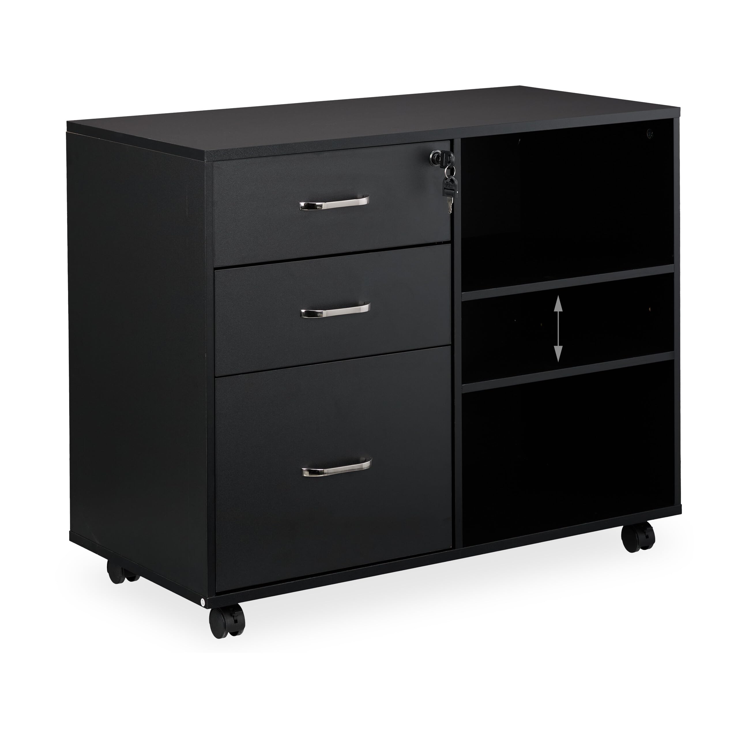 Relaxdays Caisson Mobile, 3 tiroirs, 2 Compartiments, H x l x P : 66 x 80 x 40 cm, Armoire verrouillable, Noir