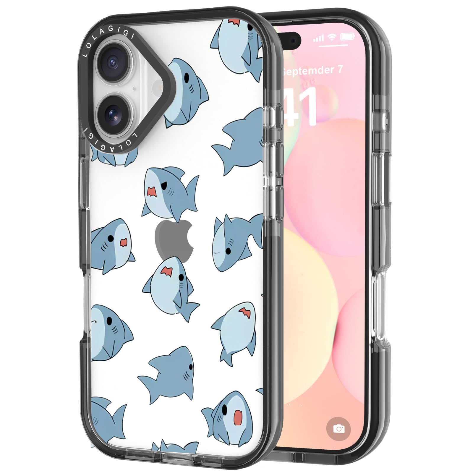 LOLAGIGI Case for iPhone 16, Cute Blue Sharks Kawaii Funny Design Girly Aesthetic Cartoon Pattern for Women Girls Teens Transparent Acrylic Hard Case,