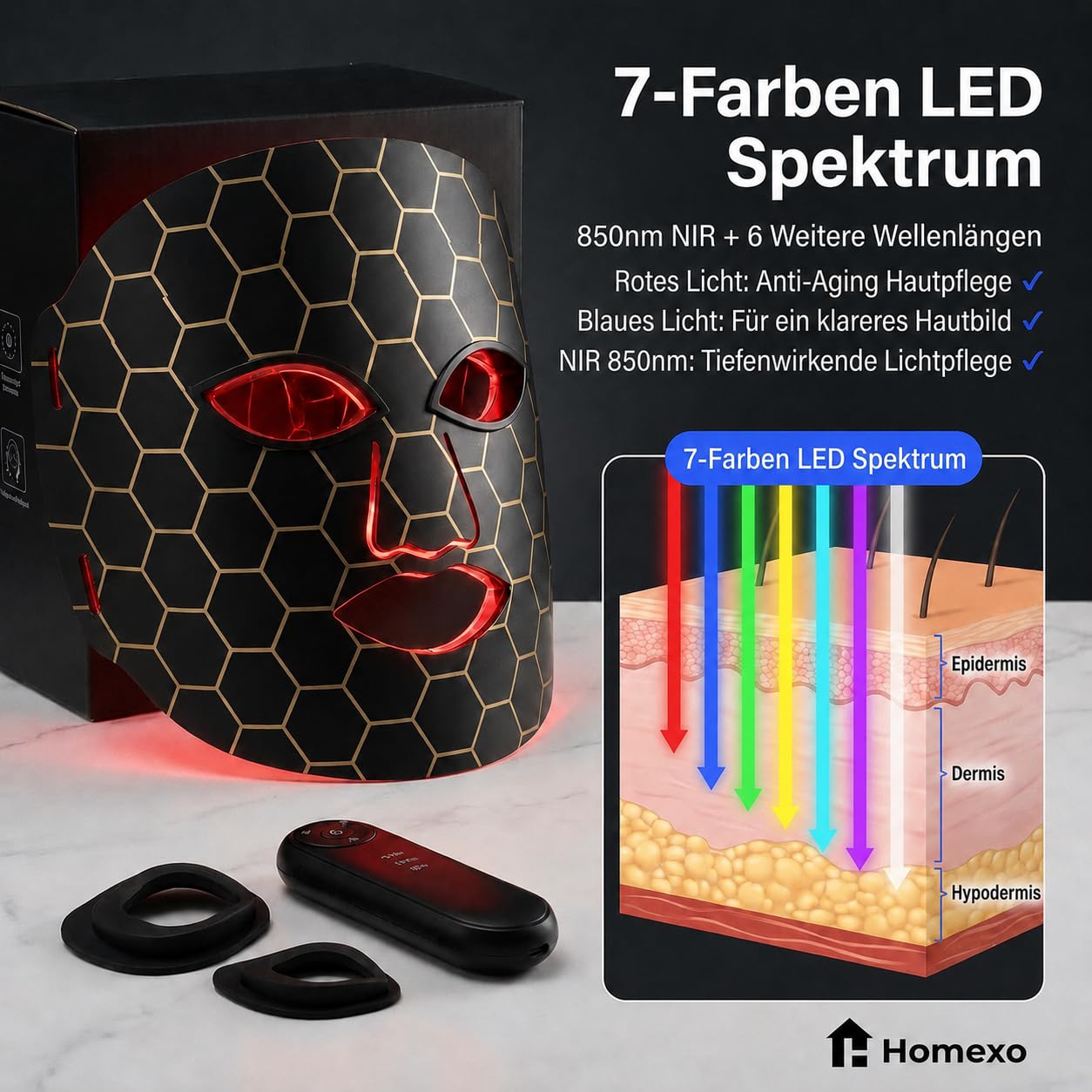 LED Gesichtsmaske Lichttherapie, Geprüfte Qualität, 7 Farben, 850nm NIR, Rotlicht für straffe Haut, Anti-Aging Beauty Maske mit Fernbedienung & Augenschutz