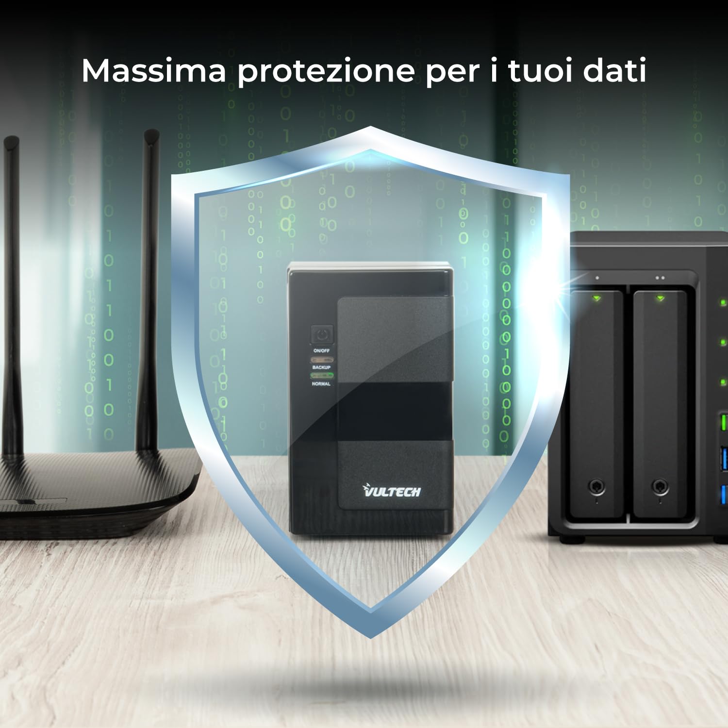 VulTech UPS650VA-LFP-NAS - Fuente de alimentación ininterrumpida (UPS NAS de escritorio para Synology/QNAP/Disco duro de red, 650VA 350W Litio, Línea Interactiva, 2 x Schuko + Puerto USB, Monitoreo