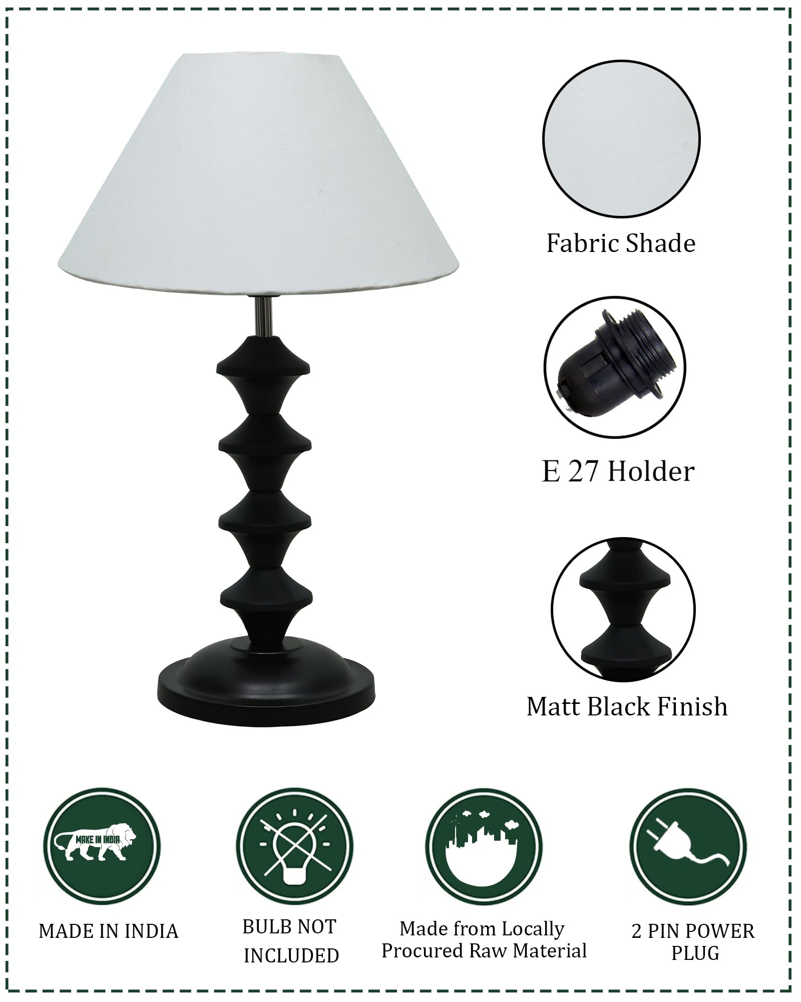 Homesake® Black Pillar Table Lamp with Cone Fabric Shade, E 27 Holder, Table Lamp, Modern Bedside Nightstand, Lamps | Desk Accessories | Metal Base for Bedroom, Home Office, Living Room (White) - Image 7 thumbnail