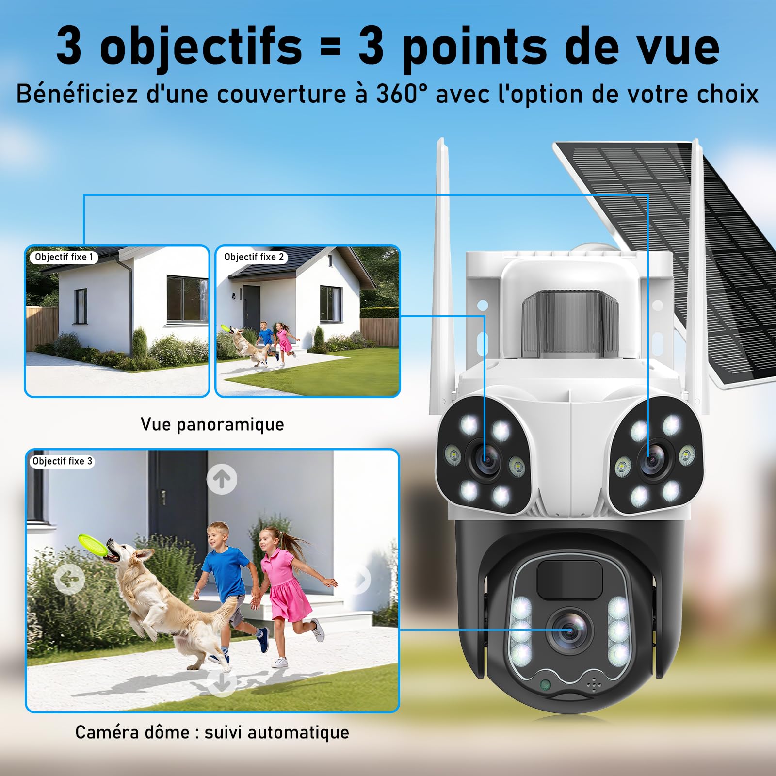 12MP Caméra Surveillance WiFi Extérieure à Triple Objectif,AOV 24/7,355°PTZ Caméra 3-in-1,Détection Humaine avec Panneau Solaire,Suivi Automatique,Vision Couleur,Audio Bidirectionnel,Batterie 10000mAh